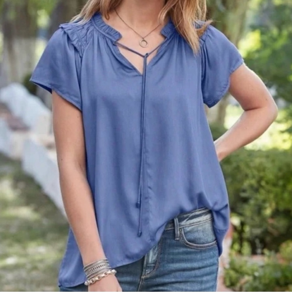 Sundance "So In Love" Boho Romantic Periwinkle Blue Modal Blouse Size XS
